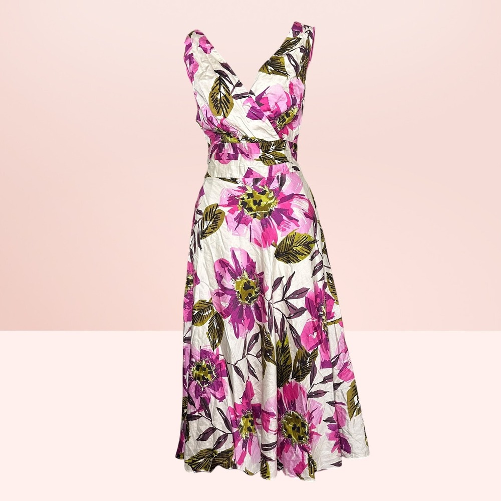 Debenhams J. Taylor Floral Cotton Midi Dress Pink Green Garden Party Size 12
